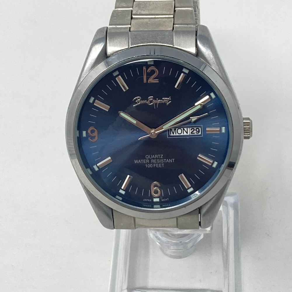 Bum Equipment Mens Watch 41mm Silver Tone Day Date Blue Dial New Battery 7.25"